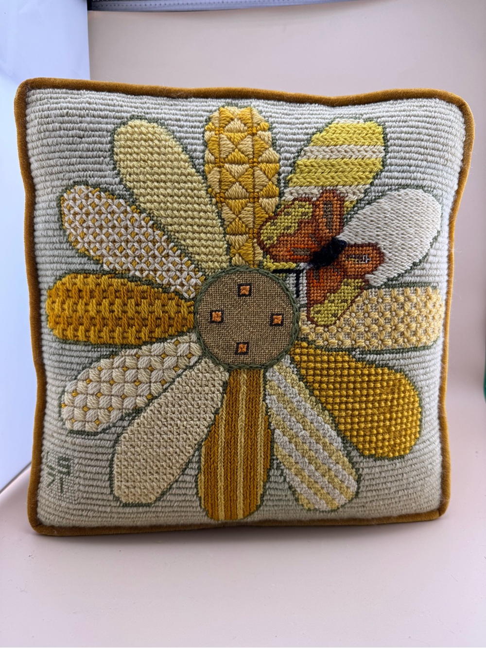 VTG Antique Petit Point Needlepoint Sun Flower Butterfly Throw Pillow MCM 1971